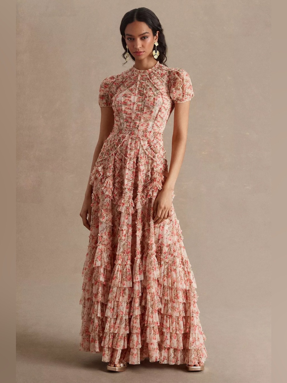 Mac Duggal High-Neck Puff-Sleeve Mesh Ruffle Gown size 10